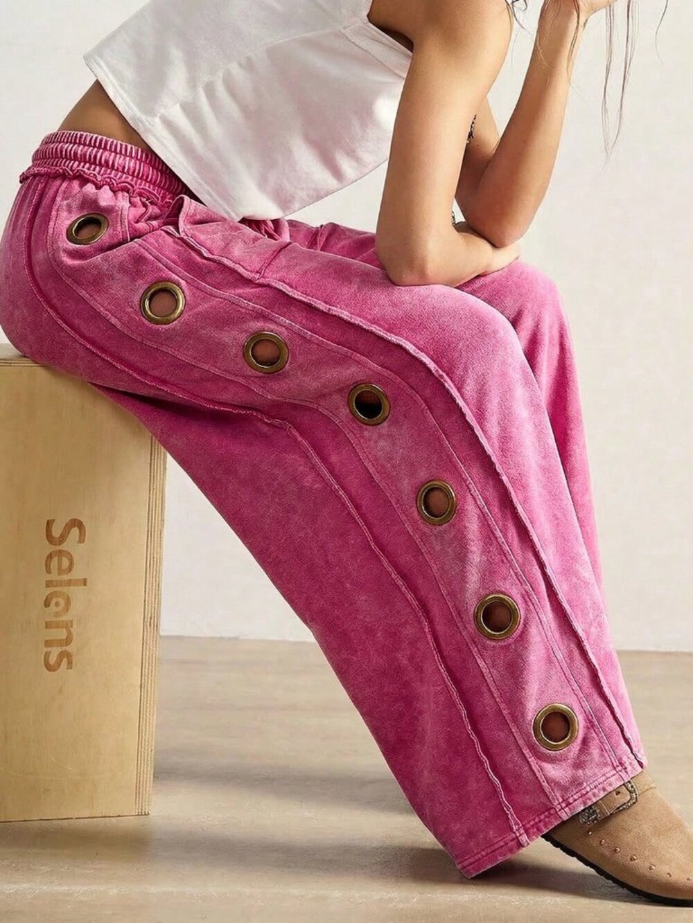 Hot Pink Casual Women's Knit Wide Leg Sweatpants